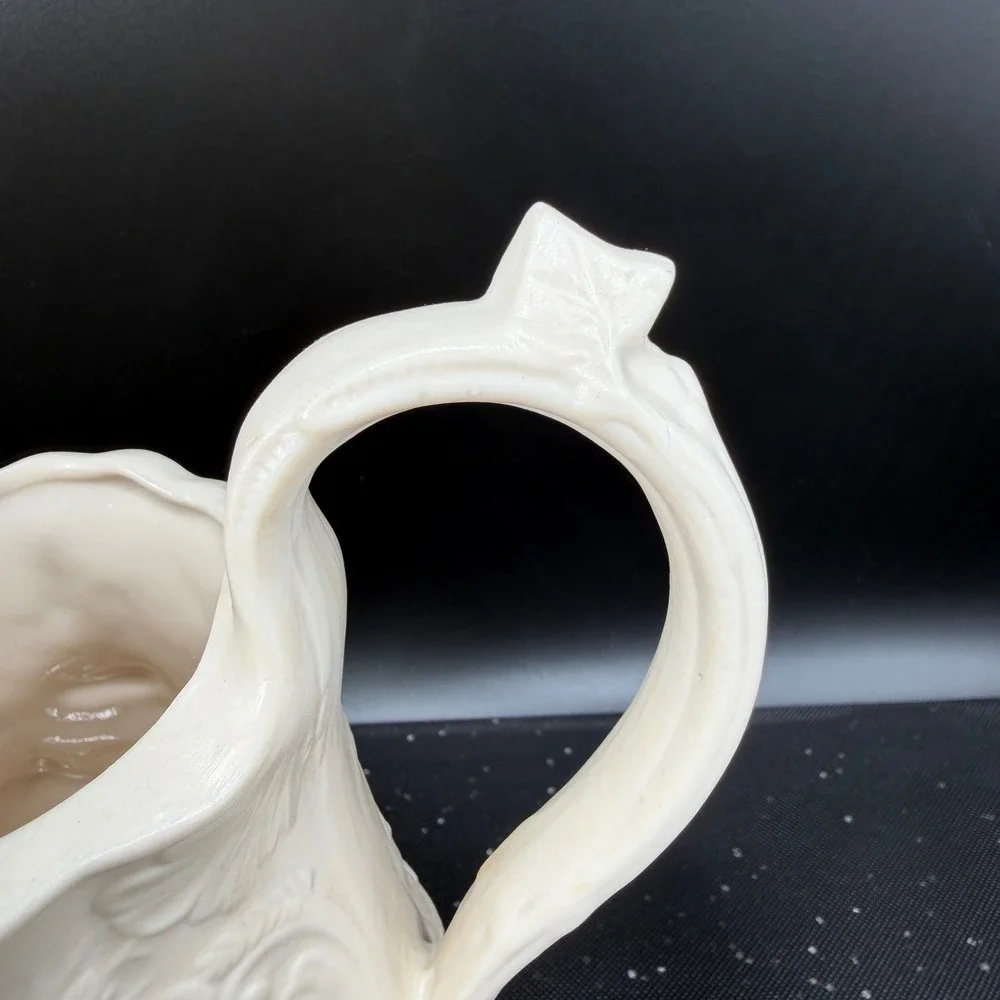 Vintage‎ M Bennett 1974 Embossed Rose Floral Ceramic Pitcher Cream White Signed